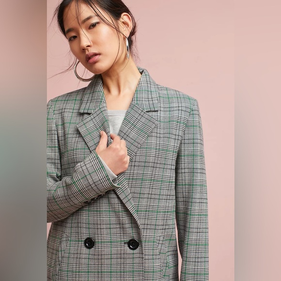 Anthropologie Cartonnier Plaid Long blazer green and black size large, oversized - Picture 2 of 7